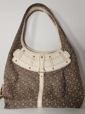 Y2k Vintage DKNY Brown Monogram Hobo with Cream Trim